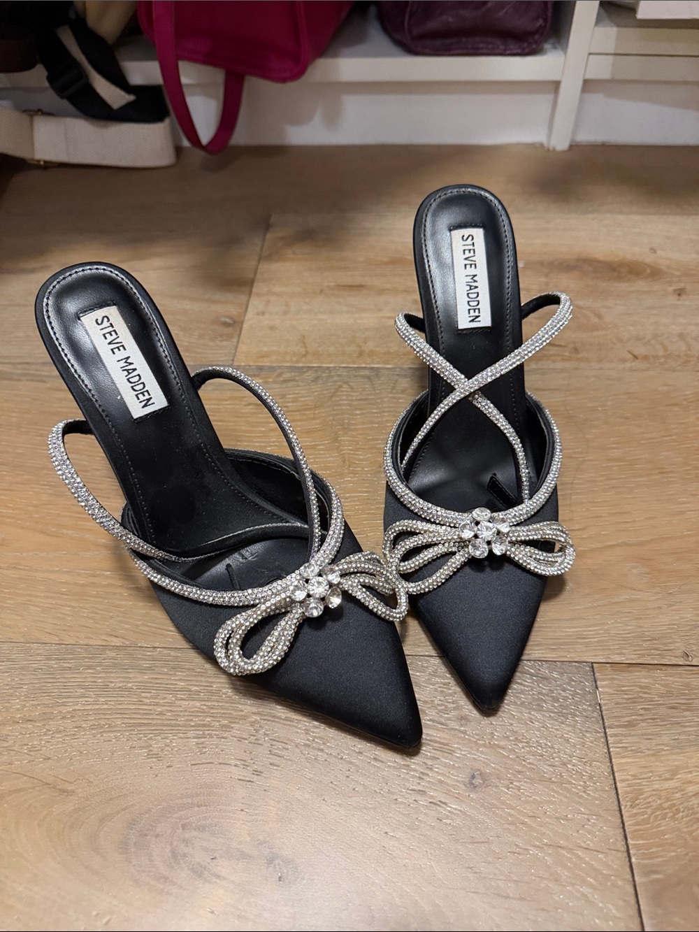 Steve Madden Black Satin Mules with Crystal Bow Detail - Picture 1 of 4